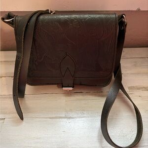 Embossed Leather Dark Brown Crossbody Bag - Hand tooled real leather by Kouros